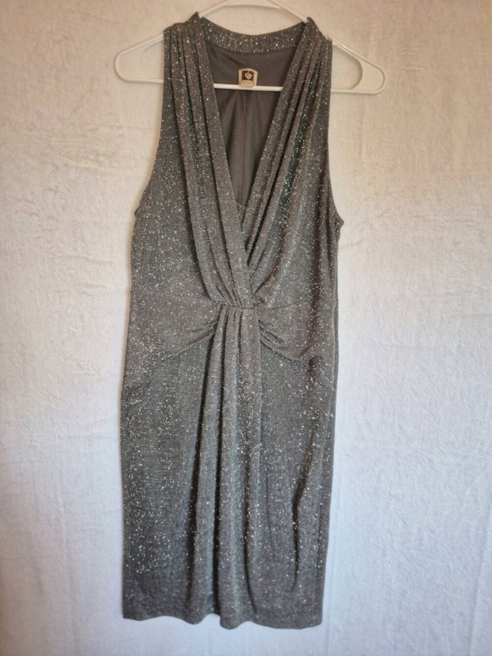 Anne Klein Gray Sparkle Cocktail Dress Size 10 Side Zip Sleeveless Ruched Lined